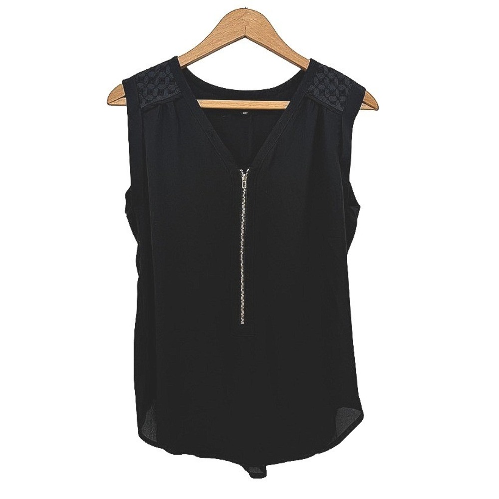 Fate Sleeveless Blouse Quarter Zip Embellished Shoulder Edgy Black Size MD